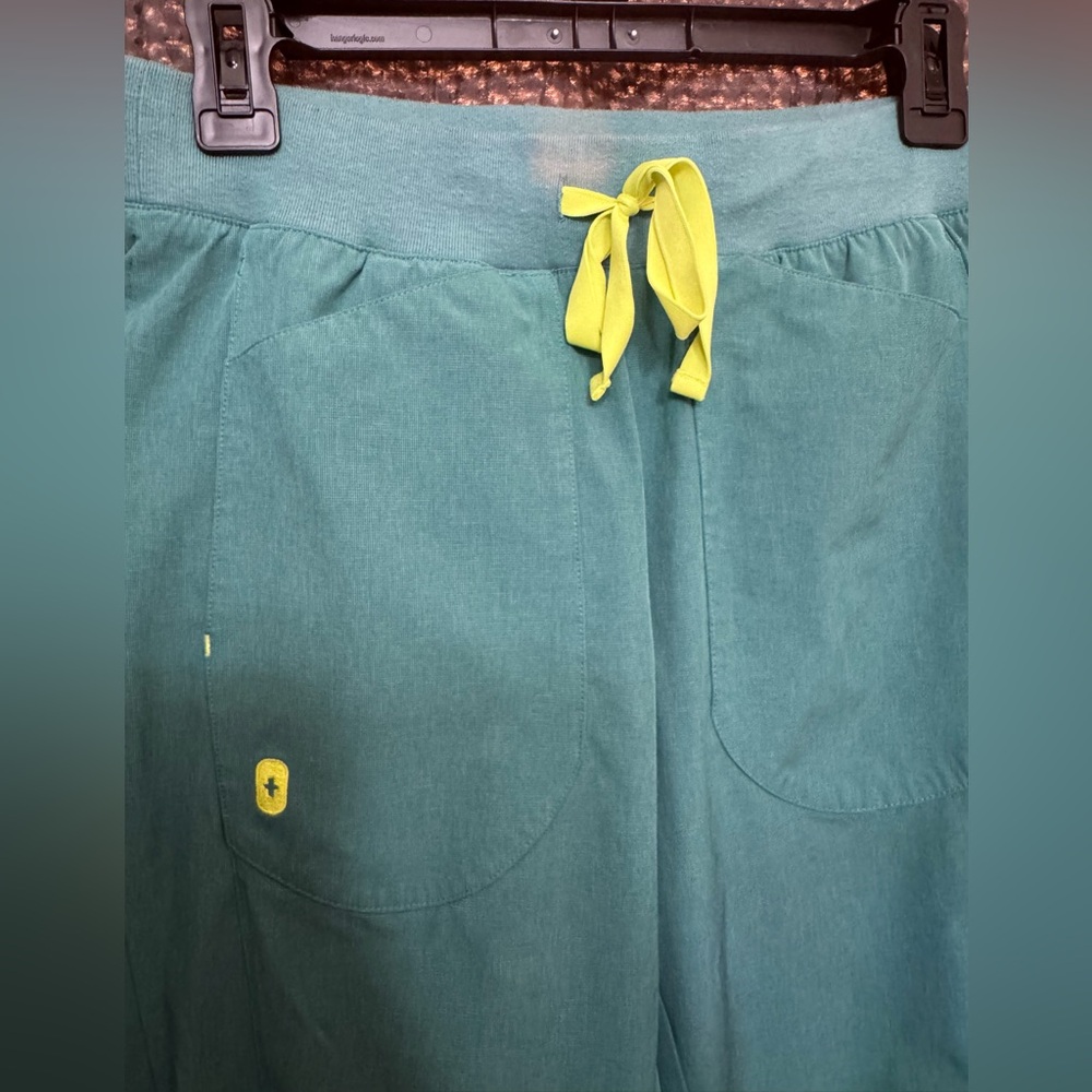 Figs Teal Track Pants & Scrub Top Set with Neon Yellow Drawstring - Picture 3 of 9